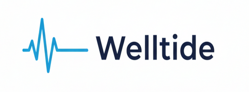 Welltide logo with a blue heartbeat line on a white background