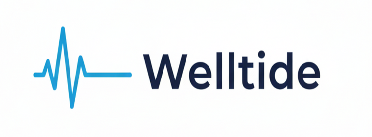 Welltide logo with a blue heartbeat line on a white background